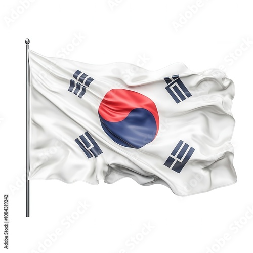 The image depicts the flag of South Korea, featuring a central yin-yang symbol and four black trigrams on a white background. photo