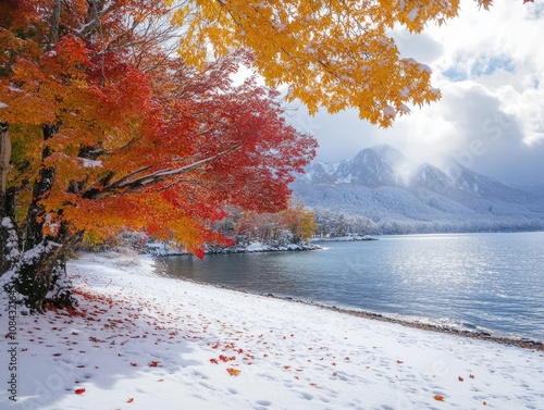 Snow-covered beach by the sea photo