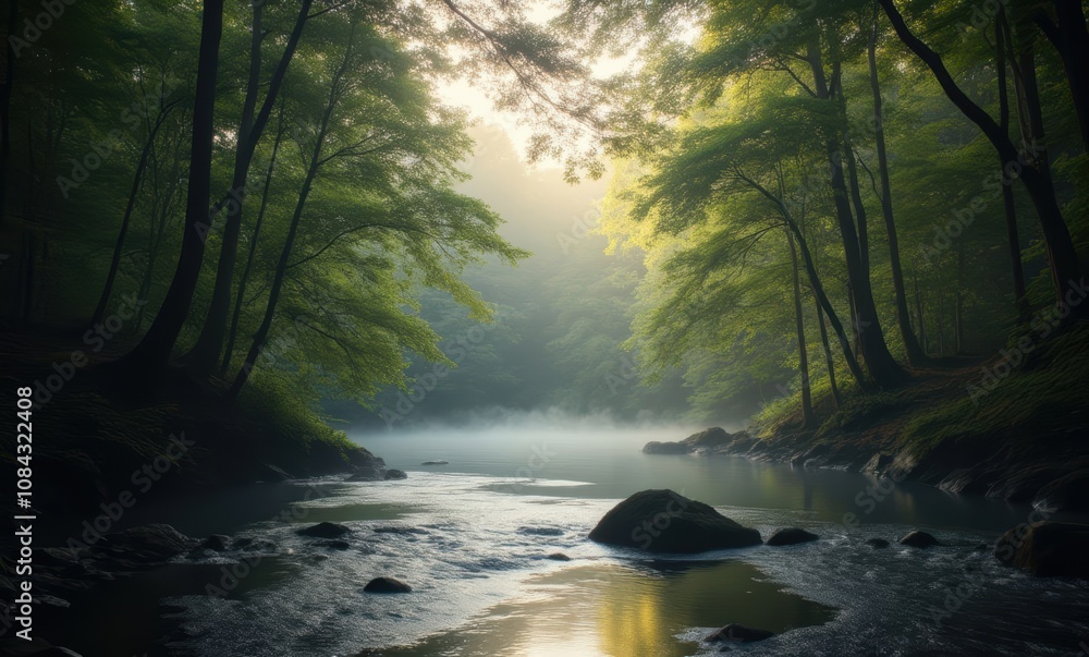 Serene forest river at dawn Serene forest river at dawn