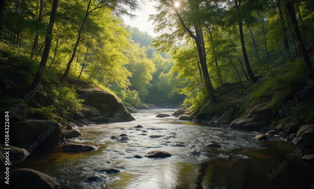 Tranquil forest stream in sunlight Tranquil forest stream in sunlight