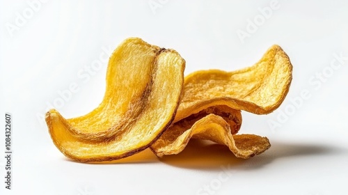 banana is a delicious fruit and a healthy food concept. A close-up of crispy banana chips, showcasing their golden color and wavy texture against a light background.