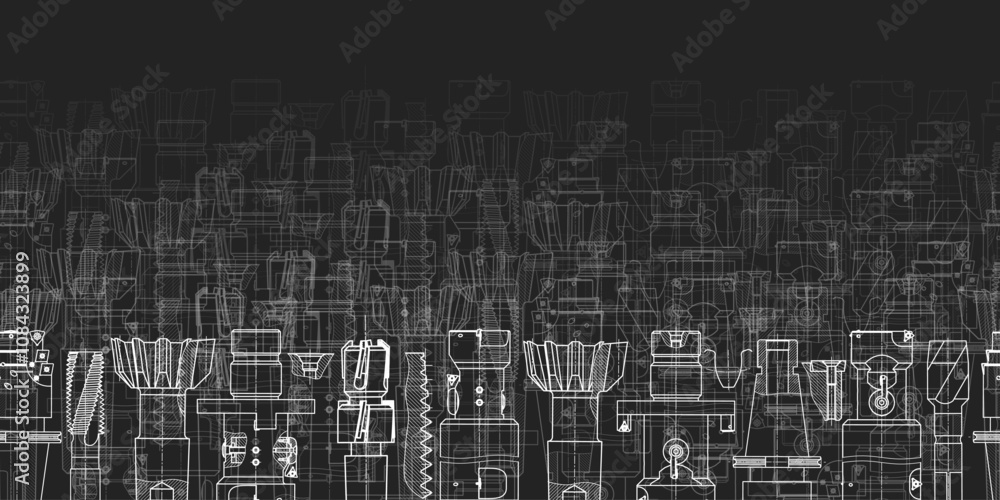 Fototapeta premium Mechanical engineering drawings on black background. Tap tools, borer. Technical Design. Cover. Blueprint. Seamless pattern. Vector illustration.