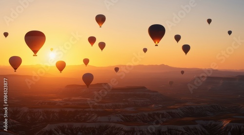 Colorful hot air balloons at sunset