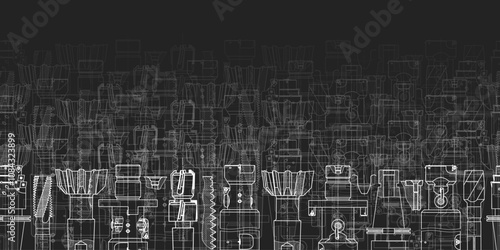 Mechanical engineering drawings on black background. Tap tools, borer. Technical Design. Cover. Blueprint. Seamless pattern. Vector illustration.