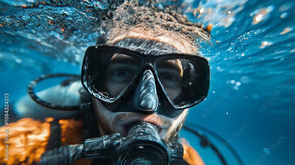 Close-up of a Scuba Diver's Face Underwater Close-up of a Scuba Diver's Face Underwater