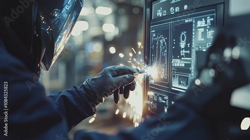 Welder in a Factory Using a Welding Torch with Sparks Flying photo