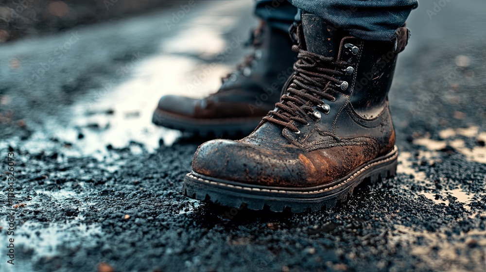 Close-up of a Mud-Covered Leather Boot on a Gravel Path Close-up of a Mud-Covered Leather Boot on a Gravel Path