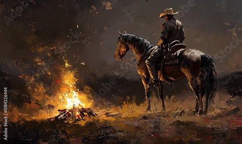 A cowboy on a dark night watches a crackling campfire beside his horse in a tranquil outdoor setting