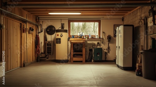 Modern garage interior with water heater, storage solutions, window view, organized setup, efficient equipment concept