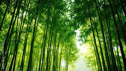 Sunlight filters through a dense bamboo forest, illuminating the vibrant green leaves and creating a peaceful and serene atmosphere.