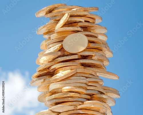 Stack of shiny gold coins against a blue sky. photo