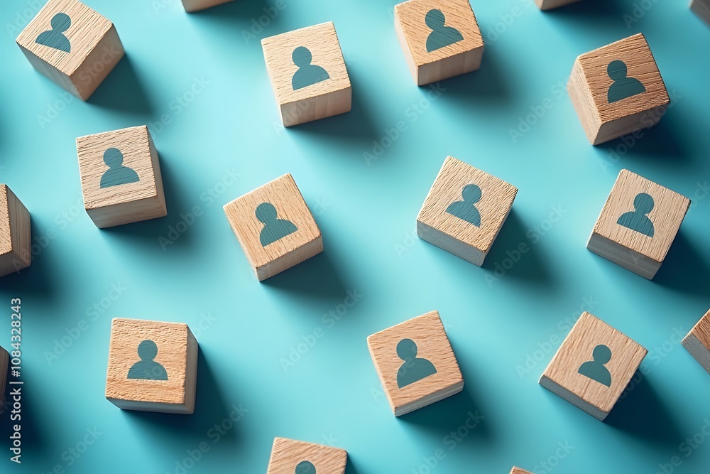 Obraz premium Wooden Blocks with Person Symbols - Simple Connection Pattern