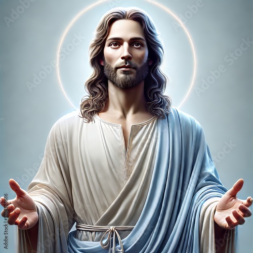 artistic depiction of Jesus Christ with open arms, halo, and gentle expression
