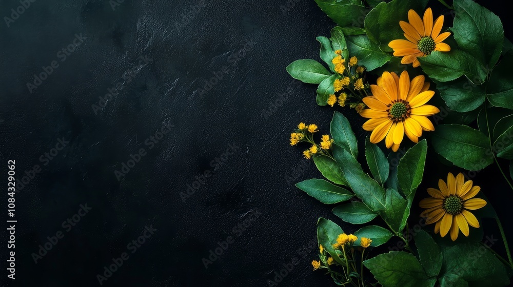 Fototapeta premium Vibrant Yellow Flowers with Lush Green Leaves on Dark Background, Natural Elegance, Botanical Beauty Concept, concept print for dish mat, placemat 