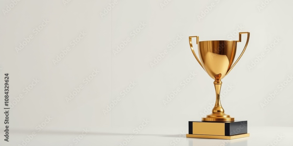 A shining golden trophy with a black base sits on a white surface, ready to be awarded to the winner. A shining golden trophy with a black base sits on a white surface, ready to be awarded to the winner.
