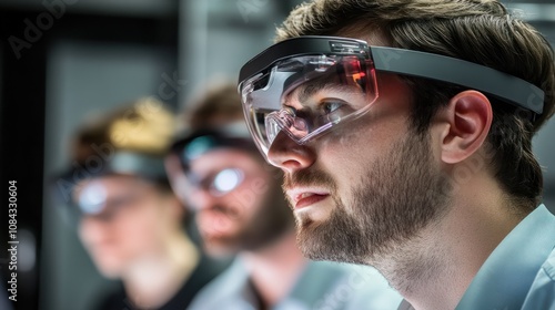 R&D centre image with portrait of engineers wearing protection glasses researching new energy sources photo