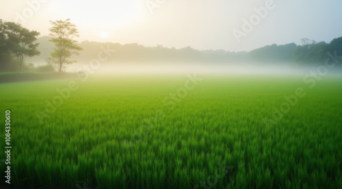 Lush green rice field in morning fog