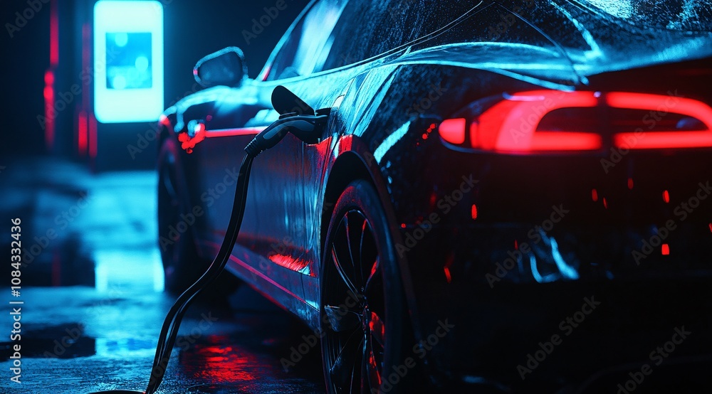 Electric vehicle charging at night in a modern urban setting with city lights illuminating the surroundings Electric vehicle charging at night in a modern urban setting with city lights illuminating the surroundings