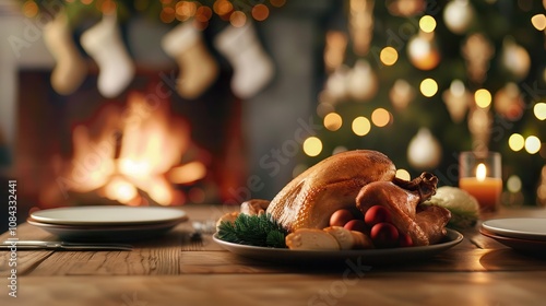 chicken turkey in house with christmas treeA beautifully arranged holiday dinner featuring a roasted turkey, festive decorations, and a cozy fireplace in the background. photo