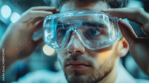 Worker Adjusting Goggles in Industrial Setting