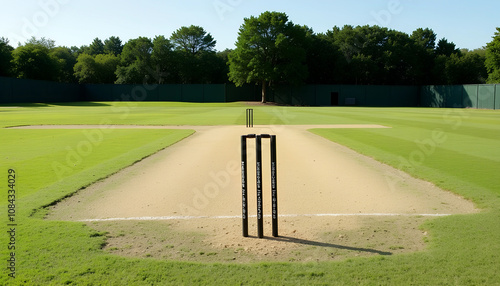 A tranquil cricket field awaits players on a sunny day amidst lush greenery in mid-afternoon, perfect for a friendly match
