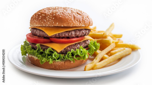 Burger and Fries: A delicious burger with a sesame seed bun, patty, lettuce, tomato, and cheese, accompanied by golden-yellow fries, set against a plain white background.