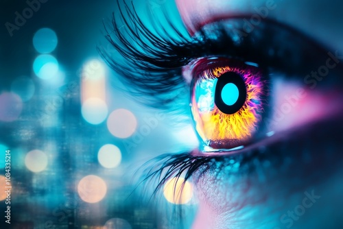 A human eye close up in neon colors. photo