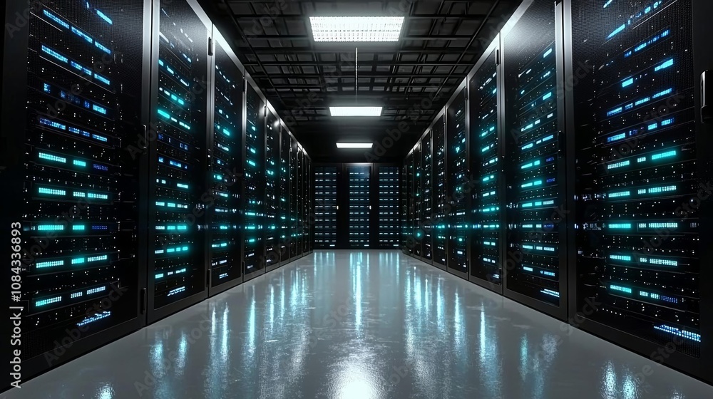 Obraz premium Cloud data server panels in a server room of a data center with security scanner