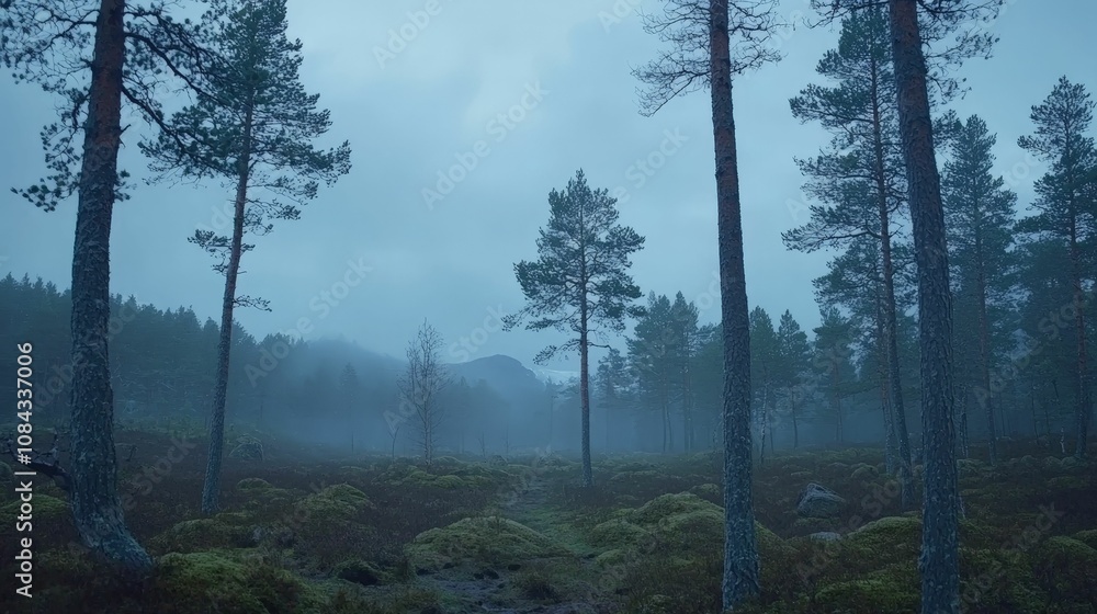 Obraz premium Winter reveals the bare, stark beauty of the trees concept. A misty forest scene with tall trees, enveloped in a soft blue hue, creating an eerie yet serene atmosphere.