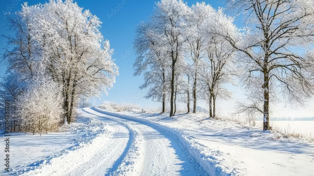 Fototapeta premium Winter reveals the bare, stark beauty of the trees concept. A serene winter scene featuring snow-covered trees lining a snowy path under a clear blue sky.