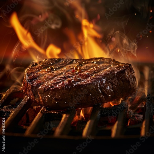 Juicy Steak on Flaming Grill. Captures the Intensity and Flavor of Barbecue Cooking in a Bold Food Display photo