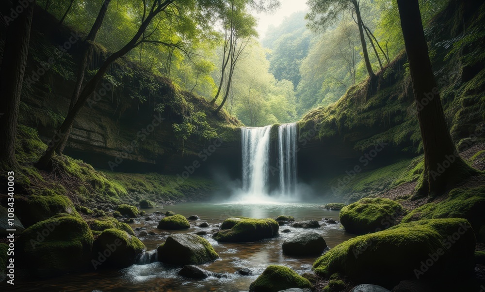 Serene waterfall amidst lush greenery Serene waterfall amidst lush greenery