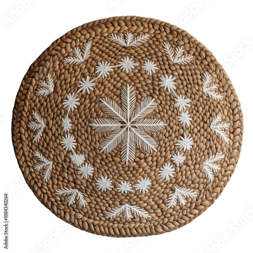 A circular, handwoven straw mat featuring an embroidered winter symbol,  A snowflake . isolated on transparent background photo