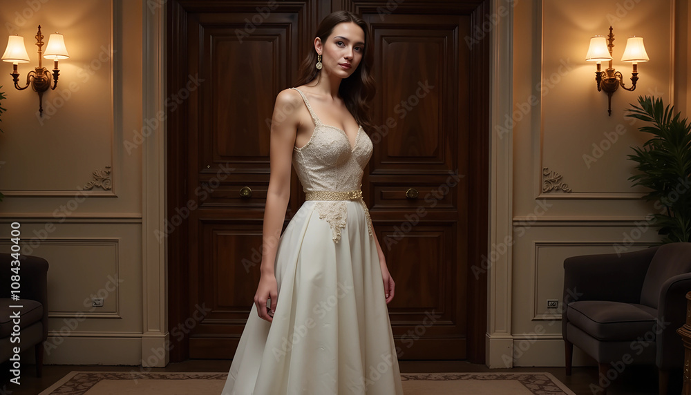 Fototapeta premium Elegant party outfit showcased in a lavish ballroom setting, highlighting intricate lace details and graceful silhouette during an evening event