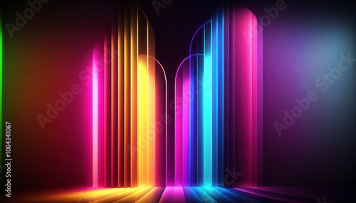 Abstract neon light arches in vibrant colors, creating a futuristic and dynamic visual, symbolizing modernity, creativity, and energy