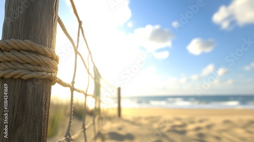 A close-up of a beach volleyball net shows the wooden post and rope with a blurred ocean background under a bright sky, perfect for summer sports promotions or travel brochures, photo