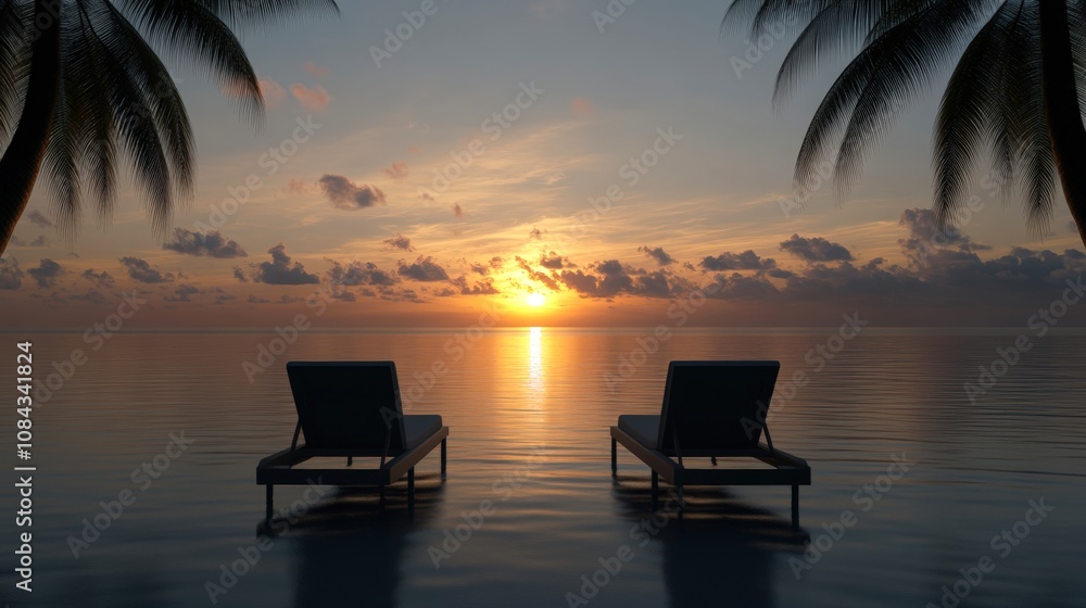 Fototapeta premium A serene sunset view over calm waters features two lounge chairs under palm trees, creating a perfect setting for relaxation or vacation themes, Ideal for travel, leisure, or wellness promotions,