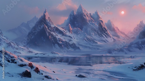 A snowy mountain landscape with a frozen lake and the peaks glowing in the soft light of dawn.