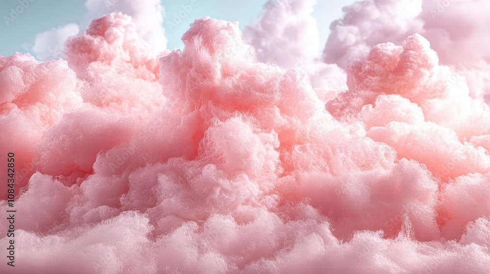 Fototapeta premium fluffy, pastel pink cotton candy cloud texture fills the frame, with soft edges and a dreamy quality, perfect for a whimsical background or as a soothing visual element