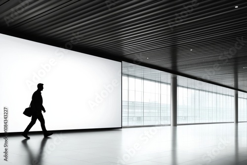 Dark man silhouette walking by big blank white screen with space for your logo or text in abstract empty hall area with dark ceiling and floor