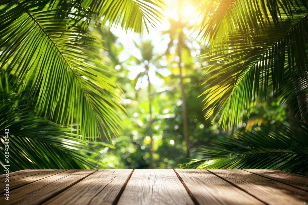 Fototapeta premium Dark wood table top (Bar) with blur on green palm leaves or tree in tropical forest with bokeh light at background