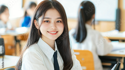 A high school girl sitting against a modern classroom photo