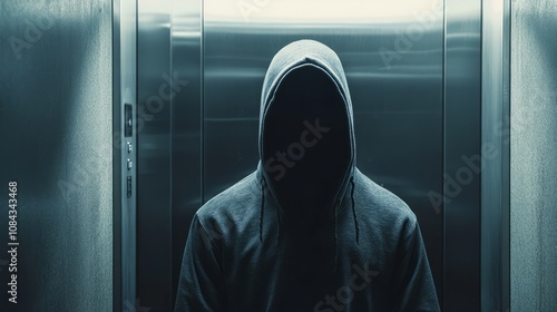 An enigmatic silhouette cloaked in a hoodie stands motionless in a dimly lit elevator, creating an air of mystery and tension in the confined space photo