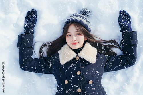 girl lies gracefully in a pristine blanket of snow, dressed in a chic winter coat with a fur-lined collar, matching gloves, and a cozy knitted hat.  photo