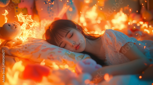 young Asian lady laying down and sleeping on her bed amidst the chaos of a flaming girly bedroom. Despite the intense and chaotic surroundings, photo