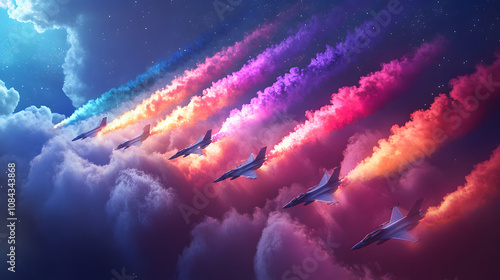 A formation of fighter jets performing an airshow maneuver leaving colorful smoke trails in perfect synchronicity capturing skill and excitement. photo