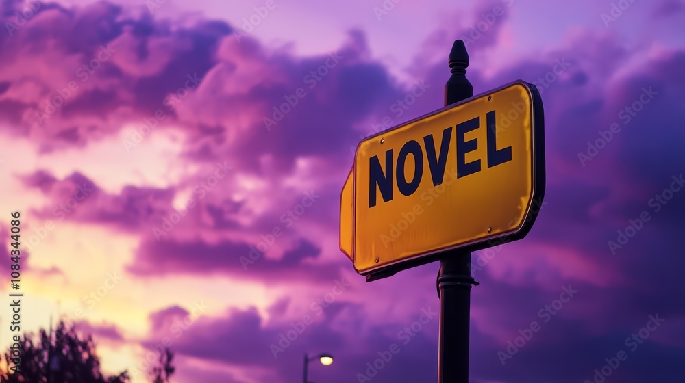 Obraz premium The Path to Storytelling: A solitary signpost stands against a vibrant purple sunset, pointing the way to 