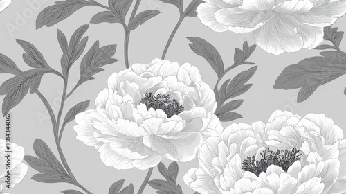 Fototapeta Naklejka Na Ścianę i Meble -  Design an elegant pattern featuring delicate white peonies on a light grey background