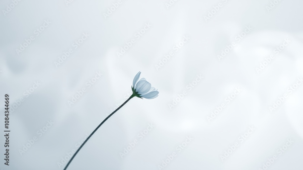 A single white flower with delicate petals against a soft, hazy background, representing the beauty of simplicity and the fragility of nature. A single white flower with delicate petals against a soft, hazy background, representing the beauty of simplicity and the fragility of nature.