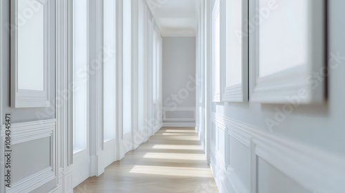 A hallway with white frames in a staggered arrangement on a light gray wall adding visual interest and depth to the narrow space. photo